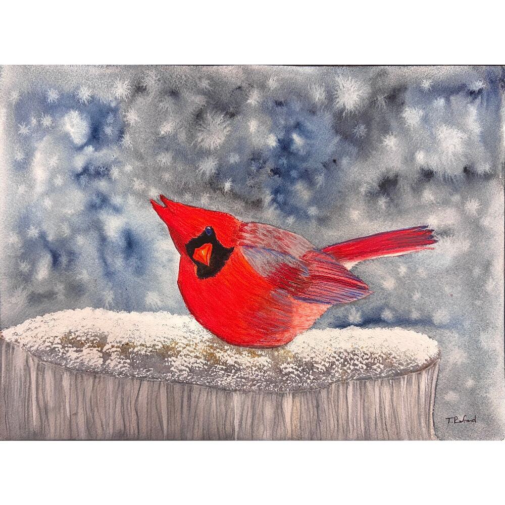 Hand painted watercolor original painting red cardinal